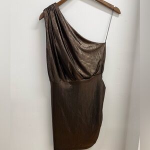 NWT Chic One-Shoulder Metallic Brown Dress